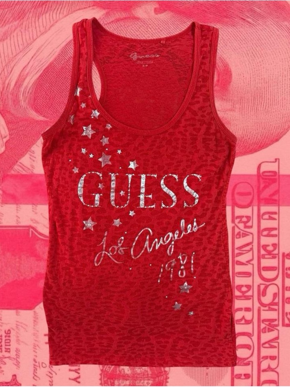 Red vintage y2k Guess tank top mesh cheetah print with silver glitter text